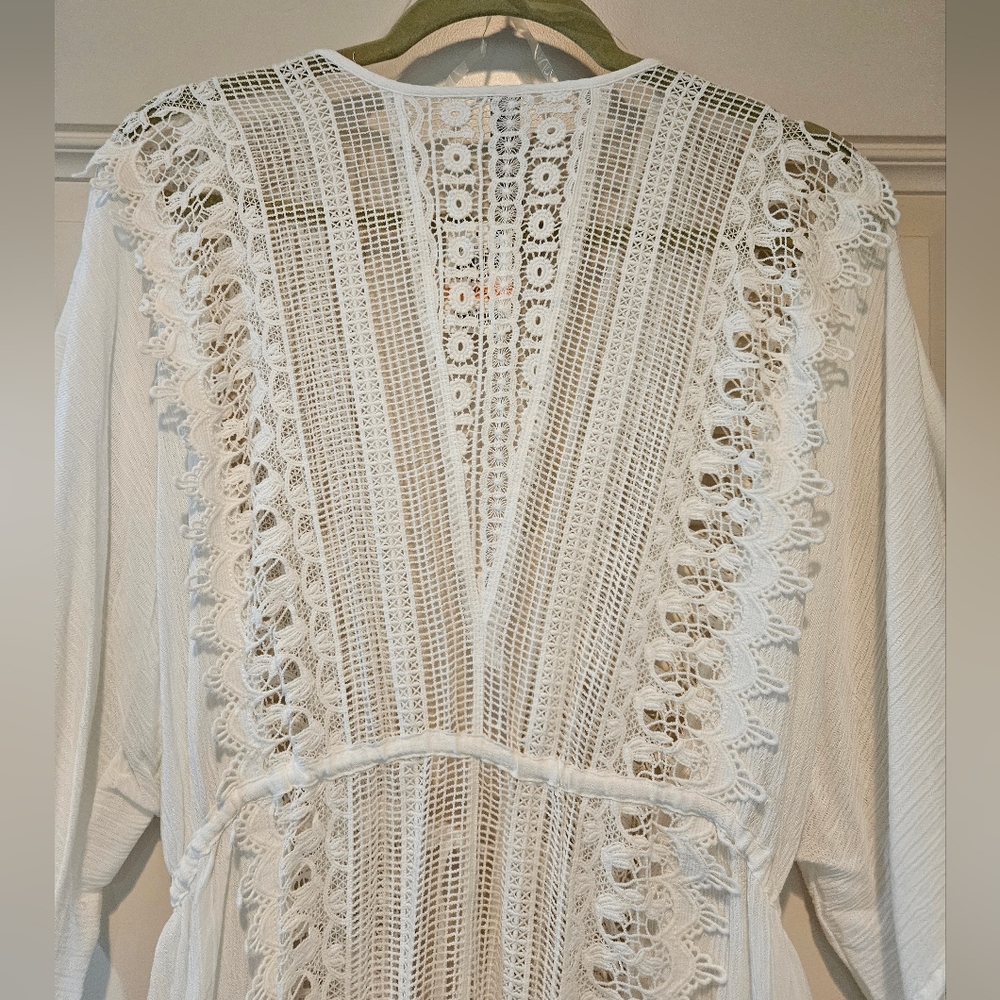 American Rag Maxi Kimono LS Tie Front Intricate Lace Sheer Egret White Small NWT - Picture 5 of 14